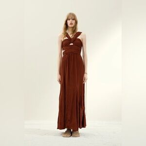 H&M STUDIO COLLECTION DRAPED PLISSÉ DRESS Twist-Halter Maxi Dress in‎ Rust NWT
